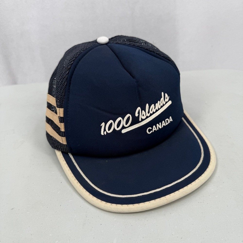 1000 Islands Canada Mens‎ Trucker Hat 3 Stripes Navy Blue Mesh Snapback Cap